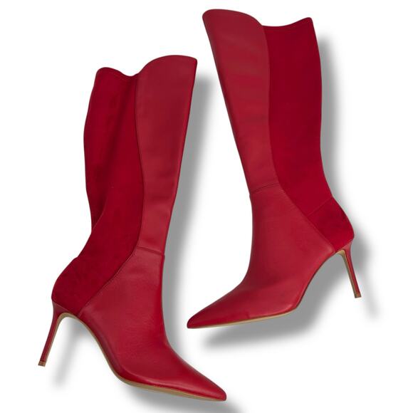 NEW Aldo Red Knee High Boots Size 8.5 Faux Suede Leather Pointed Toe Tall Heels - Picture 1 of 13